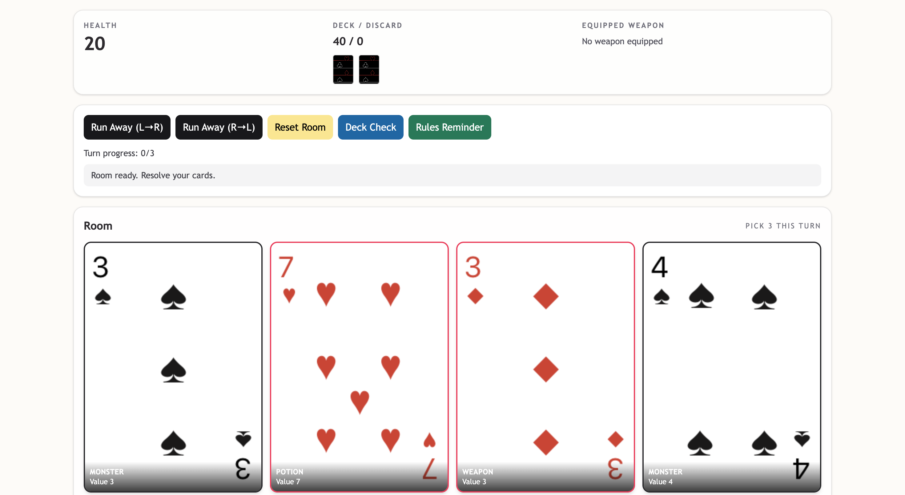 Screenshot of ScoundrelJS web game interface